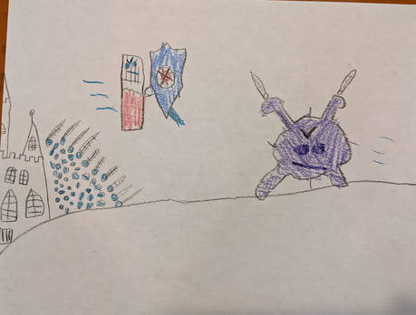 A pencil and crayon drawing of a purple coronavirus, brandishing 2 swords, attempting to invade a castle. But the castle has an army of soldiers (small blue circles perhaps representing white blood cells?) lined up in formation against its outer wall, brandishing their own swords. Hovering above the soldiers is a knight/Killer T cell, holding a shield and glaring menacingly at the virus. 