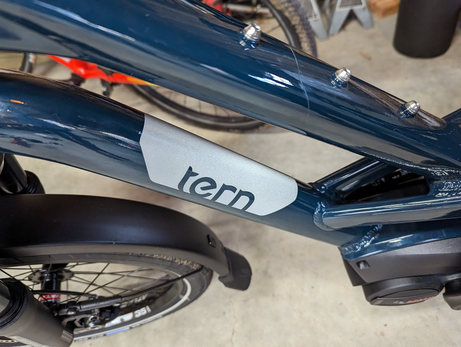 Close-up photo of the downtube of a brand new tern HSD.