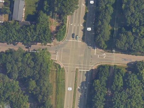Screenshot of google's aerial view of the intersection of Willow Dr and Fordham Blvd, in Chapel Hill NC. 