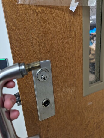 photo showing a wooden door with a metal plate for a door handle, but said handle is in my hand, not in the metal plate
