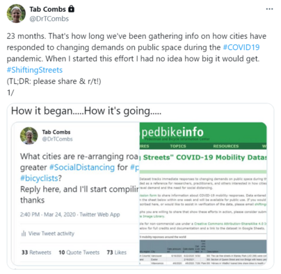 Screenshot of a self-quote-tweet in 'how it started/how it's going' meme format. 

How it began: a pic of a tweet by me, dated Mar 24, 2020, asking: "What cities are re-arranging road space for greater #SocialDistancing for #pedestrians and #bicyclists? Reply here and I'll start compiling a list. 

How it's going: a screenshot of the "Shifting Streets COVID-19 Mobility Database."

The quote tweet text: "23 months. That's how long we've been gathering info on how cities have responded to changin…