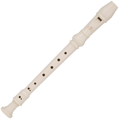 Photo of a white recorder (the musical instrument) on a white background